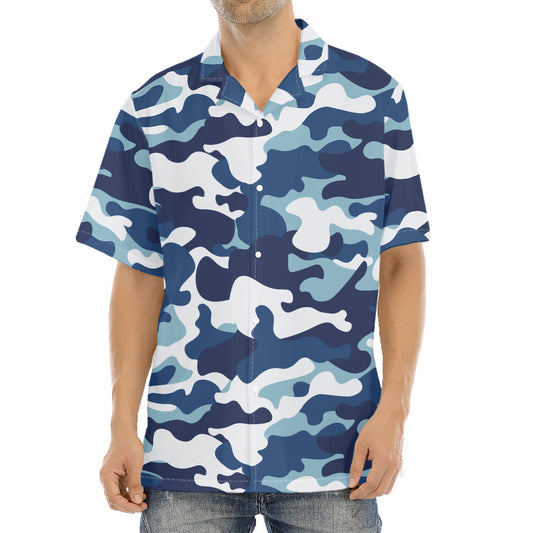 Blue And White Camouflage Print Aloha Shirt