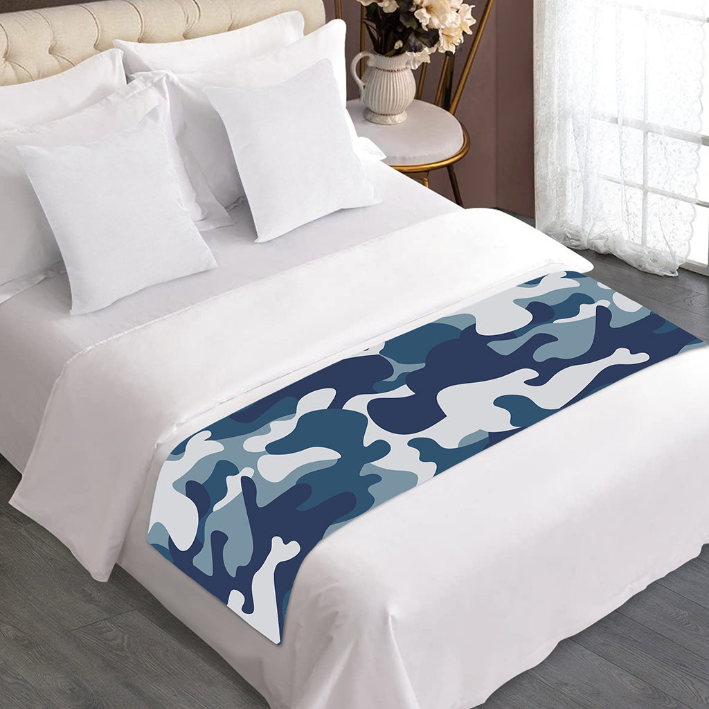 Blue And White Camouflage Print Bed Runner