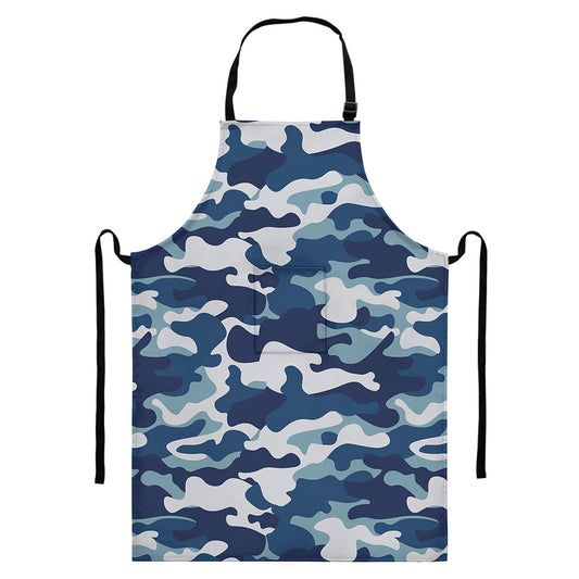 Blue And White Camouflage Print Bib Apron With Pocket