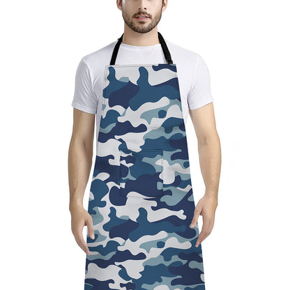 Blue And White Camouflage Print Bib Apron With Pocket