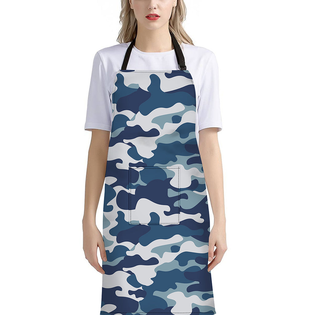 Blue And White Camouflage Print Bib Apron With Pocket