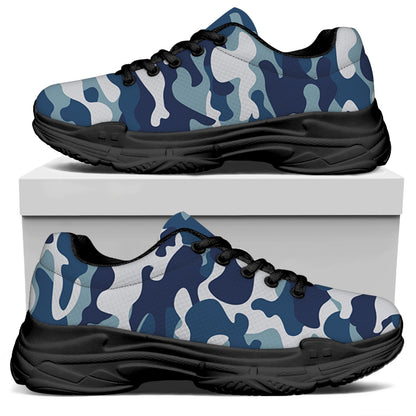 Blue And White Camouflage Print Black Chunky Shoes