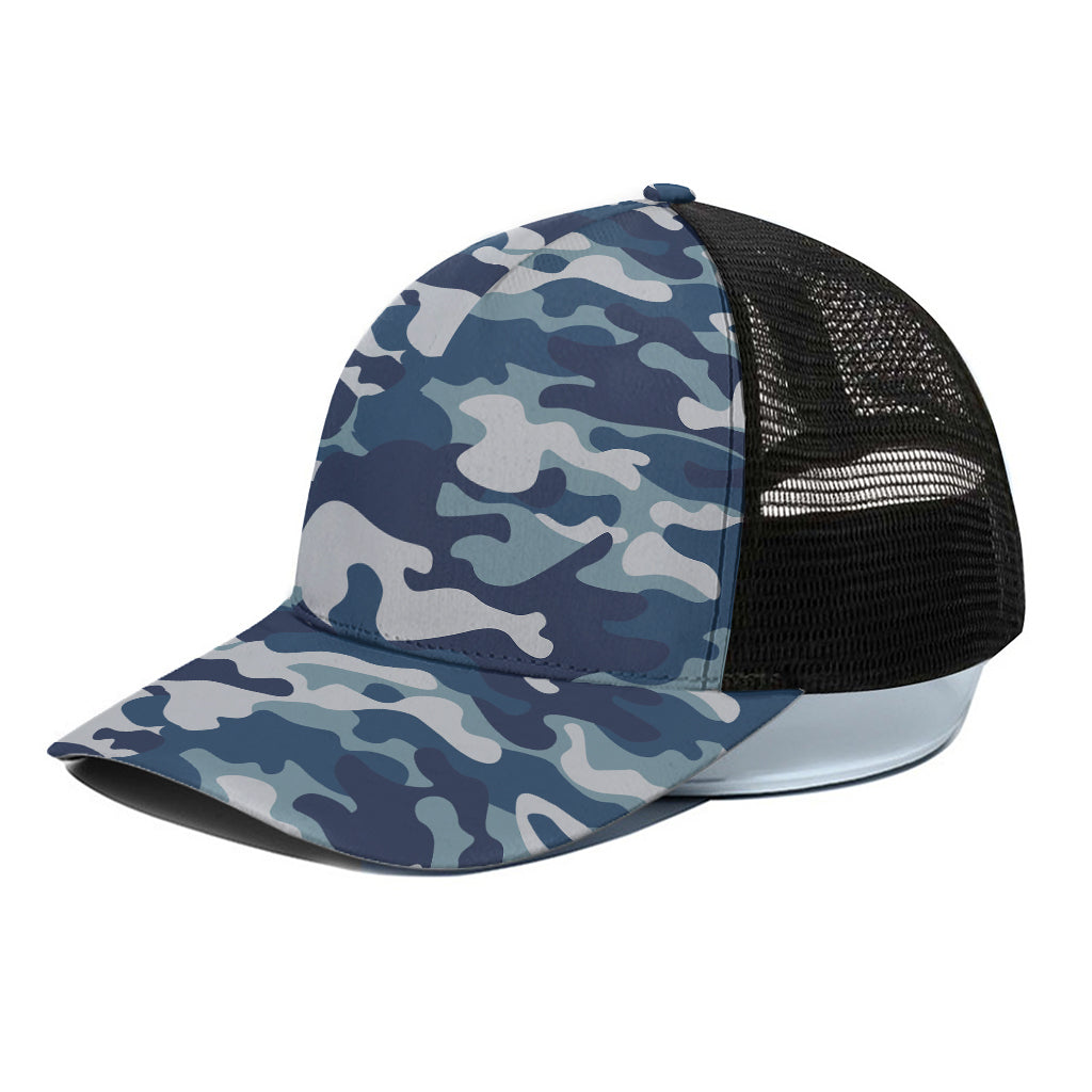 Blue And White Camouflage Print Black Mesh Trucker Cap