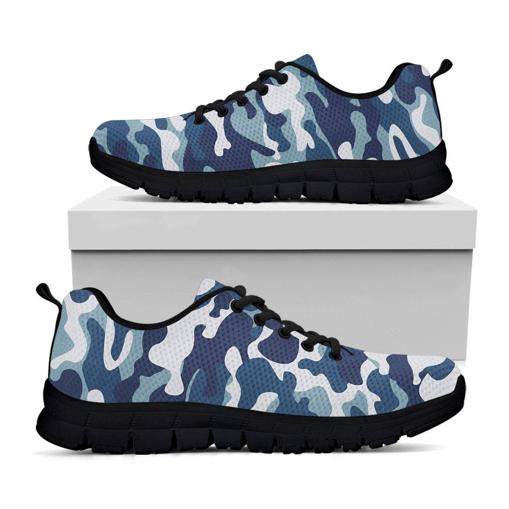 Blue And White Camouflage Print Black Running Shoes