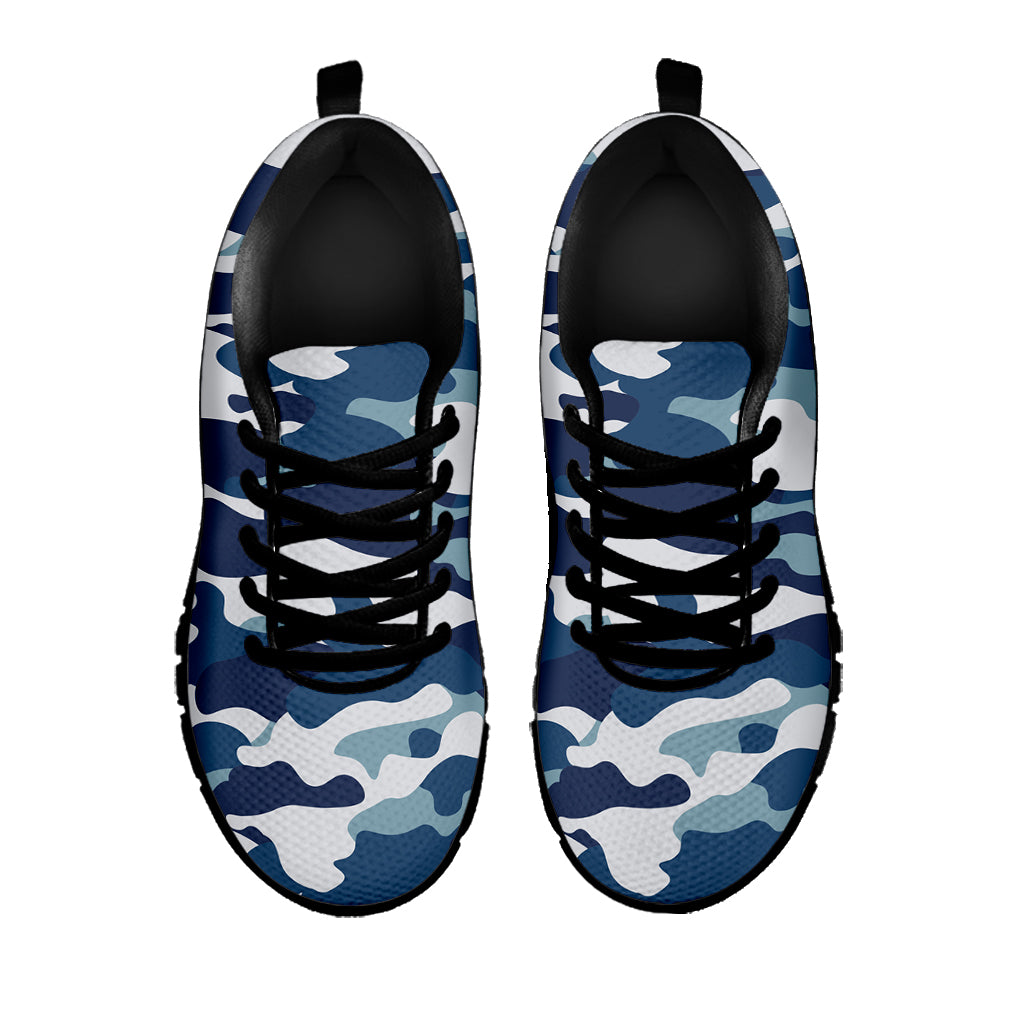 Blue And White Camouflage Print Black Running Shoes
