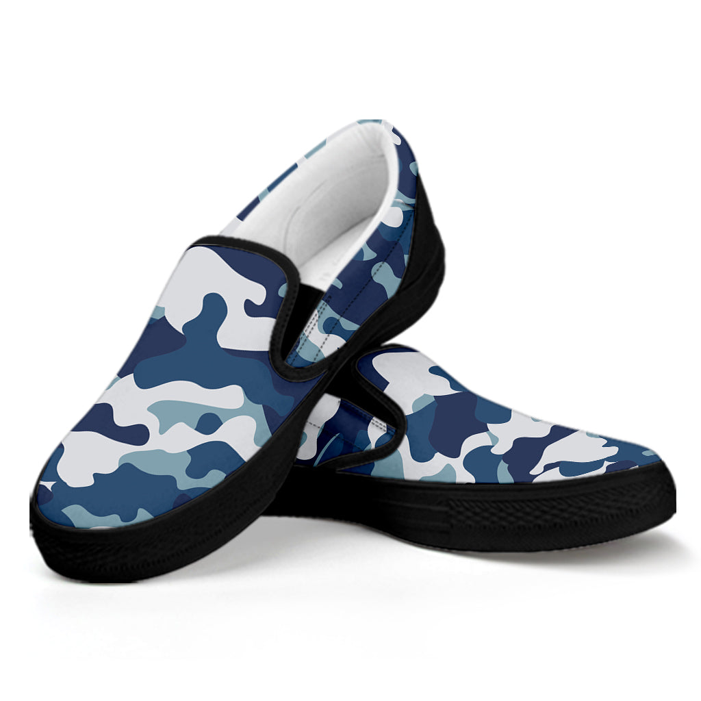 Blue And White Camouflage Print Black Slip On Sneakers