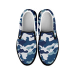 Blue And White Camouflage Print Black Slip On Sneakers