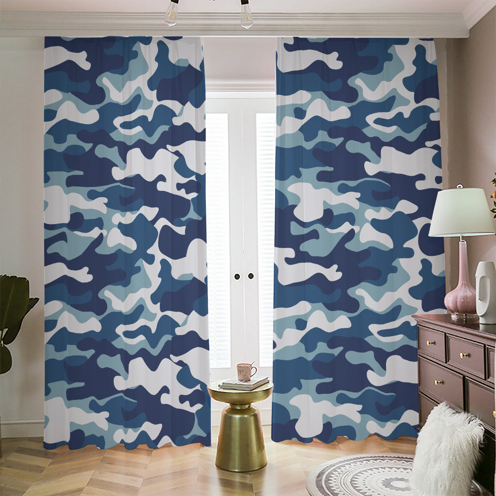 Blue And White Camouflage Print Blackout Pencil Pleat Curtains
