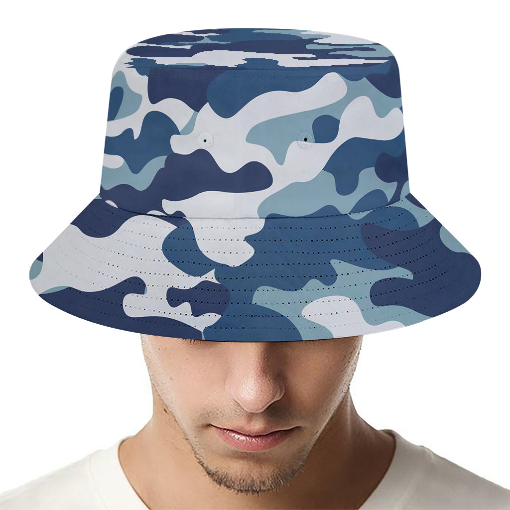 Blue And White Camouflage Print Bucket Hat