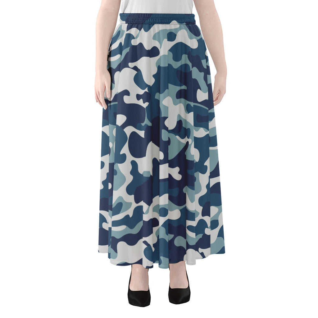 Blue And White Camouflage Print Chiffon Maxi Skirt