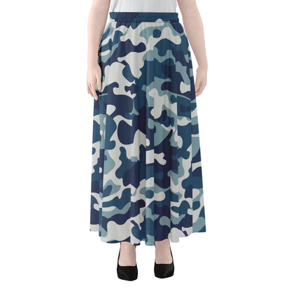 Blue And White Camouflage Print Chiffon Maxi Skirt