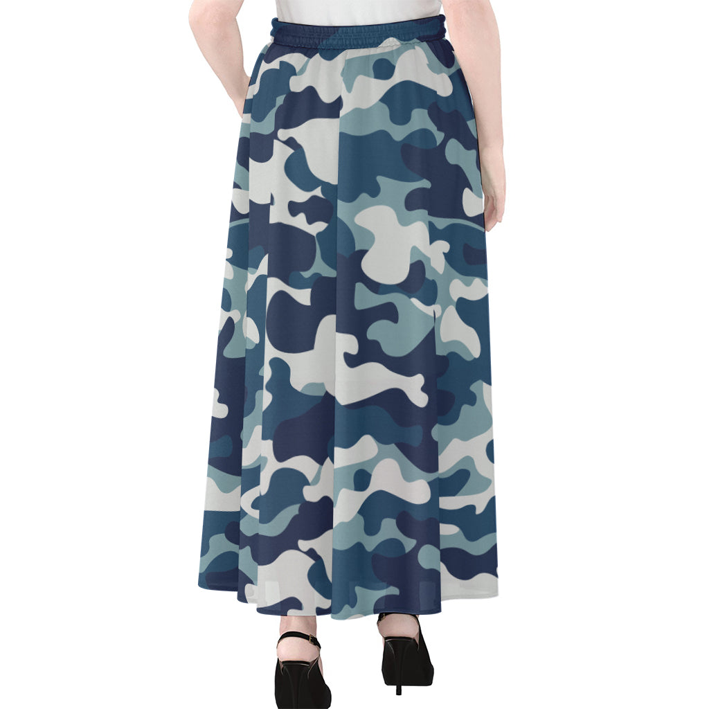 Blue And White Camouflage Print Chiffon Maxi Skirt