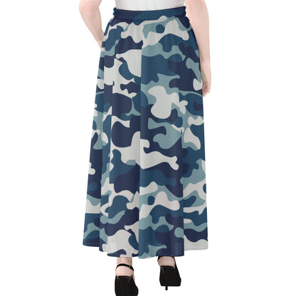 Blue And White Camouflage Print Chiffon Maxi Skirt