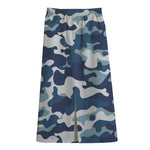 Blue And White Camouflage Print Cotton Front Slit Maxi Skirt