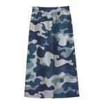 Blue And White Camouflage Print Cotton Front Slit Maxi Skirt