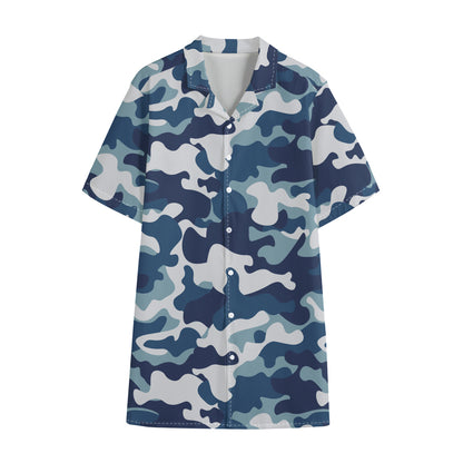 Blue And White Camouflage Print Cotton Hawaiian Shirt