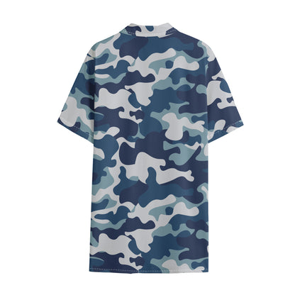 Blue And White Camouflage Print Cotton Hawaiian Shirt