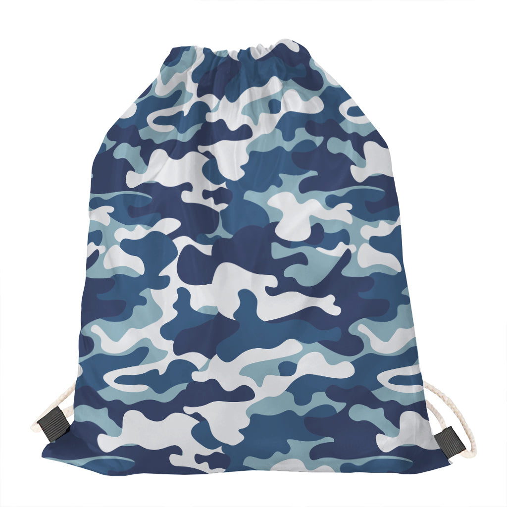 Blue And White Camouflage Print Drawstring Bag