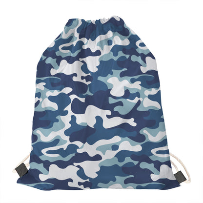Blue And White Camouflage Print Drawstring Bag