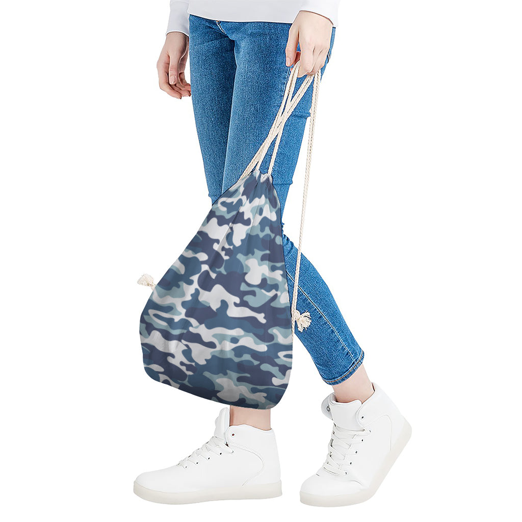 Blue And White Camouflage Print Drawstring Bag