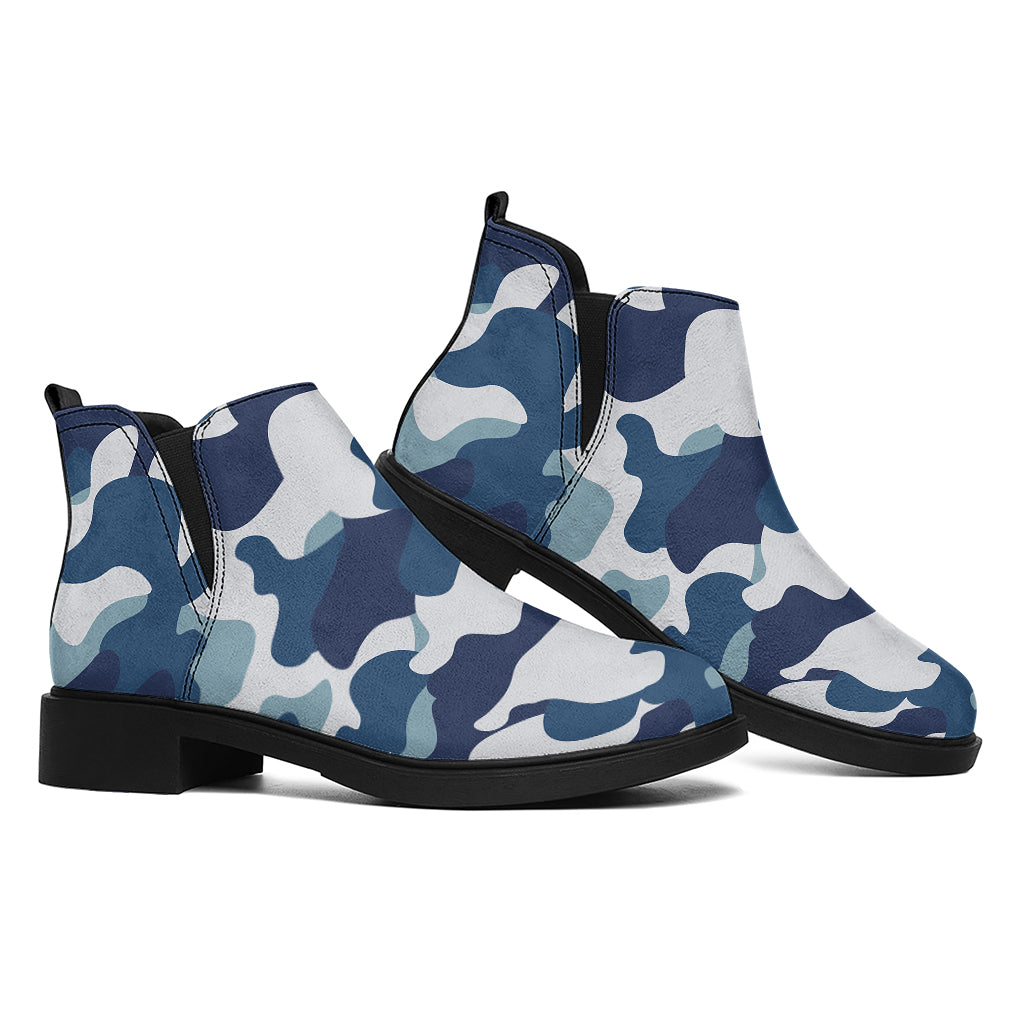 Blue And White Camouflage Print Flat Ankle Boots