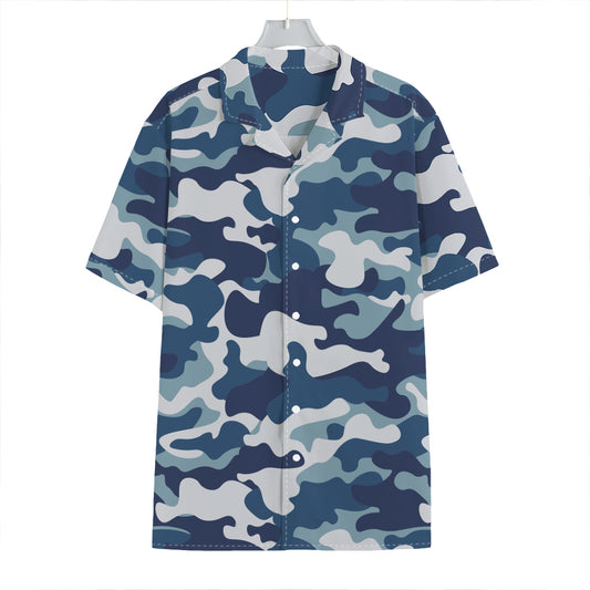 Blue And White Camouflage Print Hawaiian Shirt