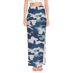 Blue And White Camouflage Print High Slit Maxi Skirt