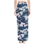 Blue And White Camouflage Print High Slit Maxi Skirt