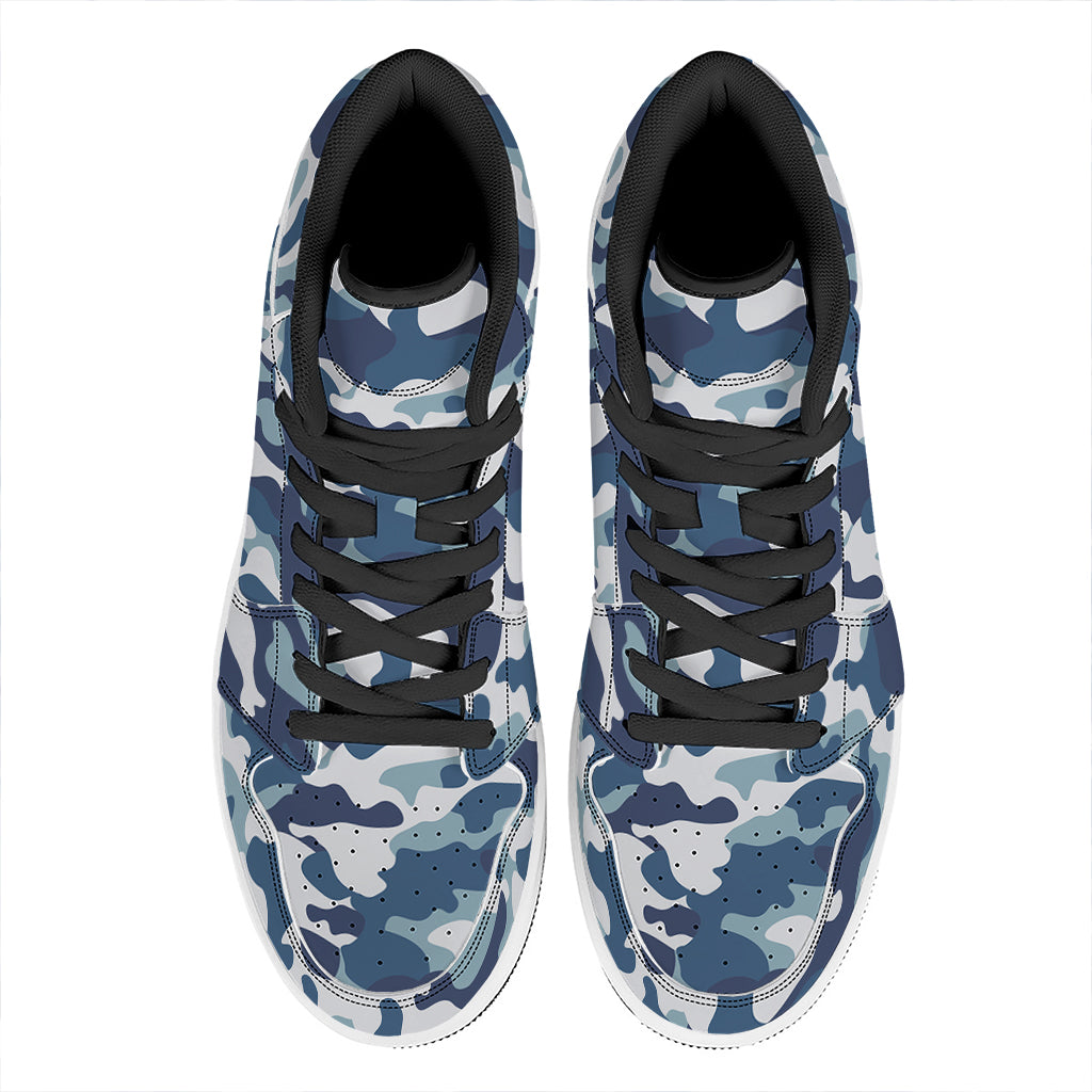 Blue And White Camouflage Print High Top Leather Sneakers