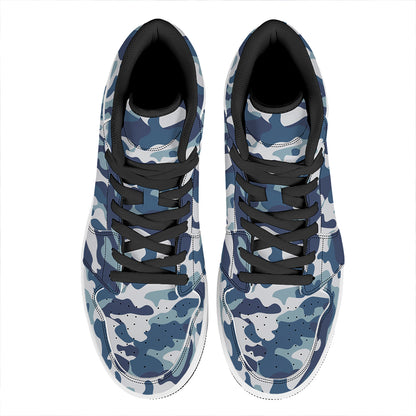 Blue And White Camouflage Print High Top Leather Sneakers