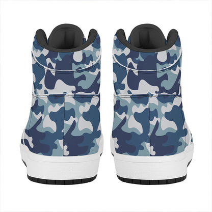 Blue And White Camouflage Print High Top Leather Sneakers