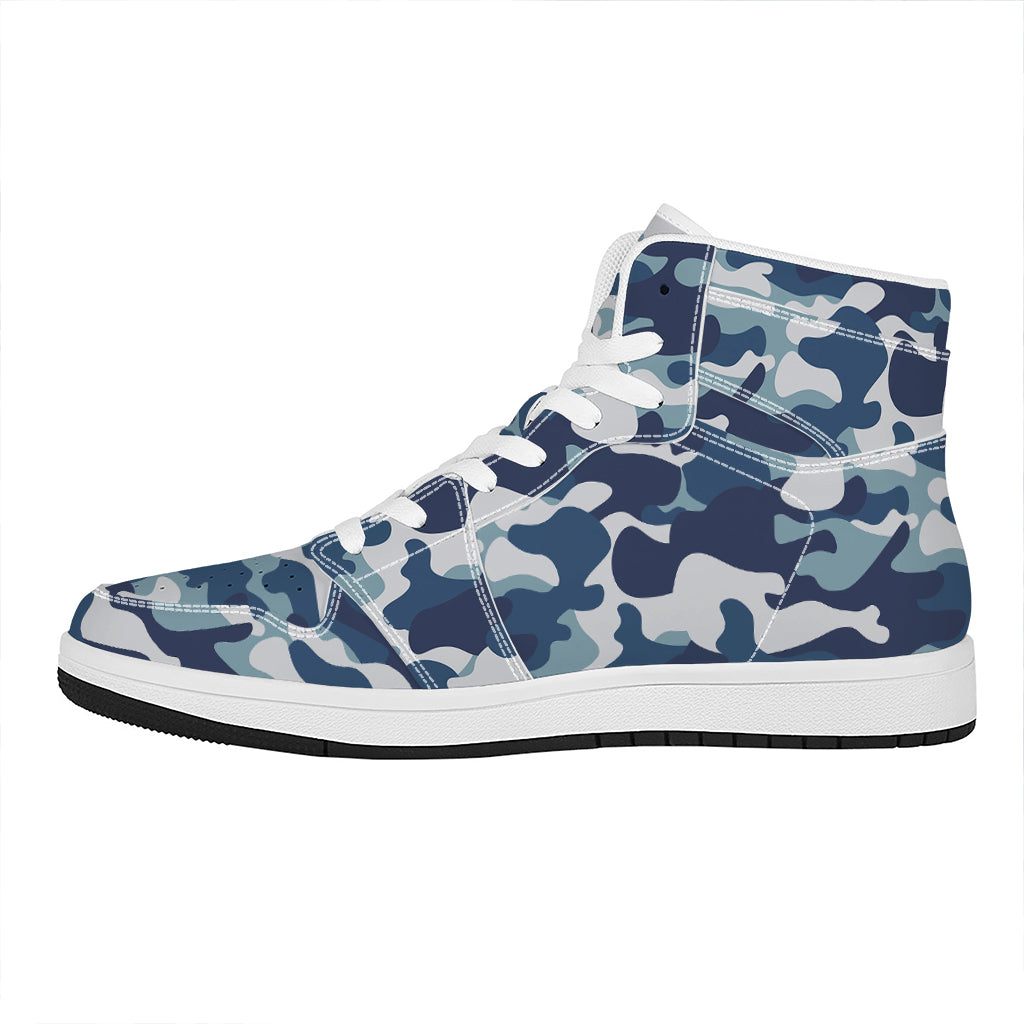 Blue And White Camouflage Print High Top Leather Sneakers