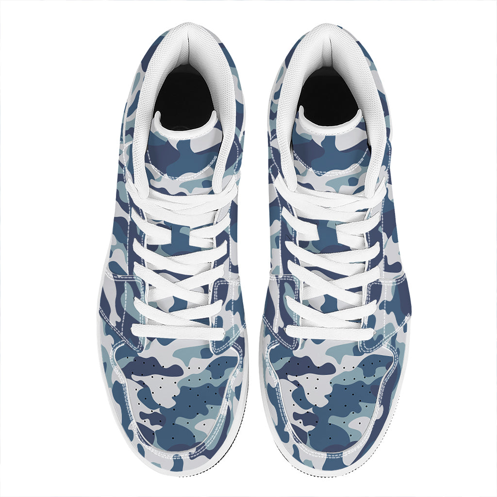 Blue And White Camouflage Print High Top Leather Sneakers