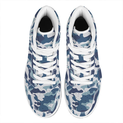 Blue And White Camouflage Print High Top Leather Sneakers