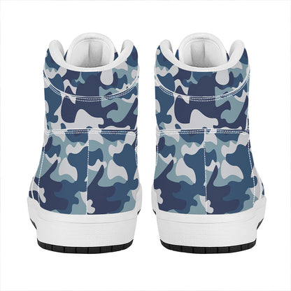 Blue And White Camouflage Print High Top Leather Sneakers