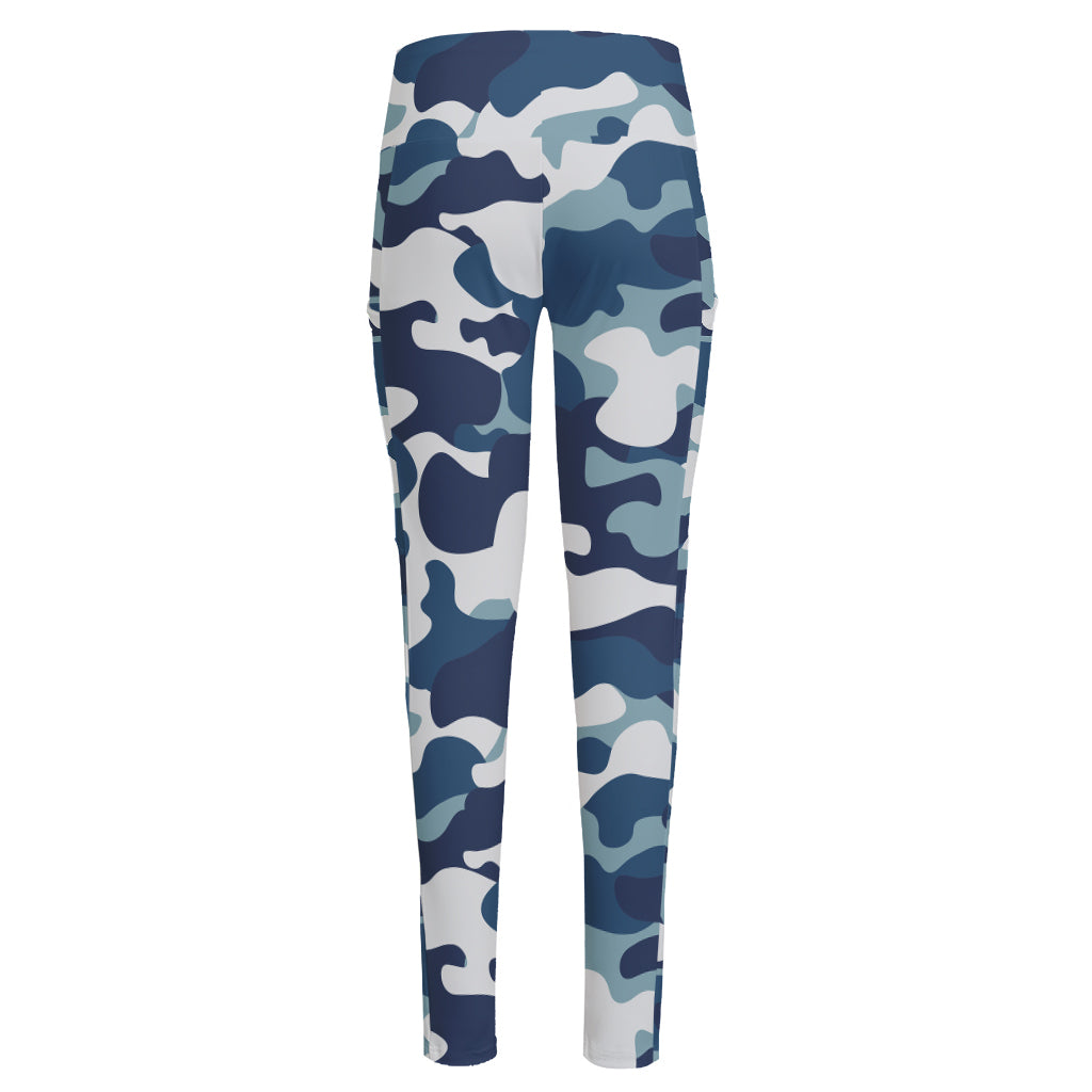 Blue And White Camouflage Print High-Waisted Pocket Leggings