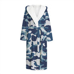 Blue And White Camouflage Print Hooded Bathrobe