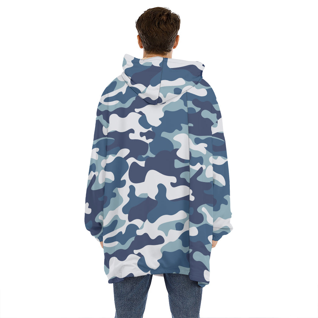 Blue And White Camouflage Print Hoodie Blanket