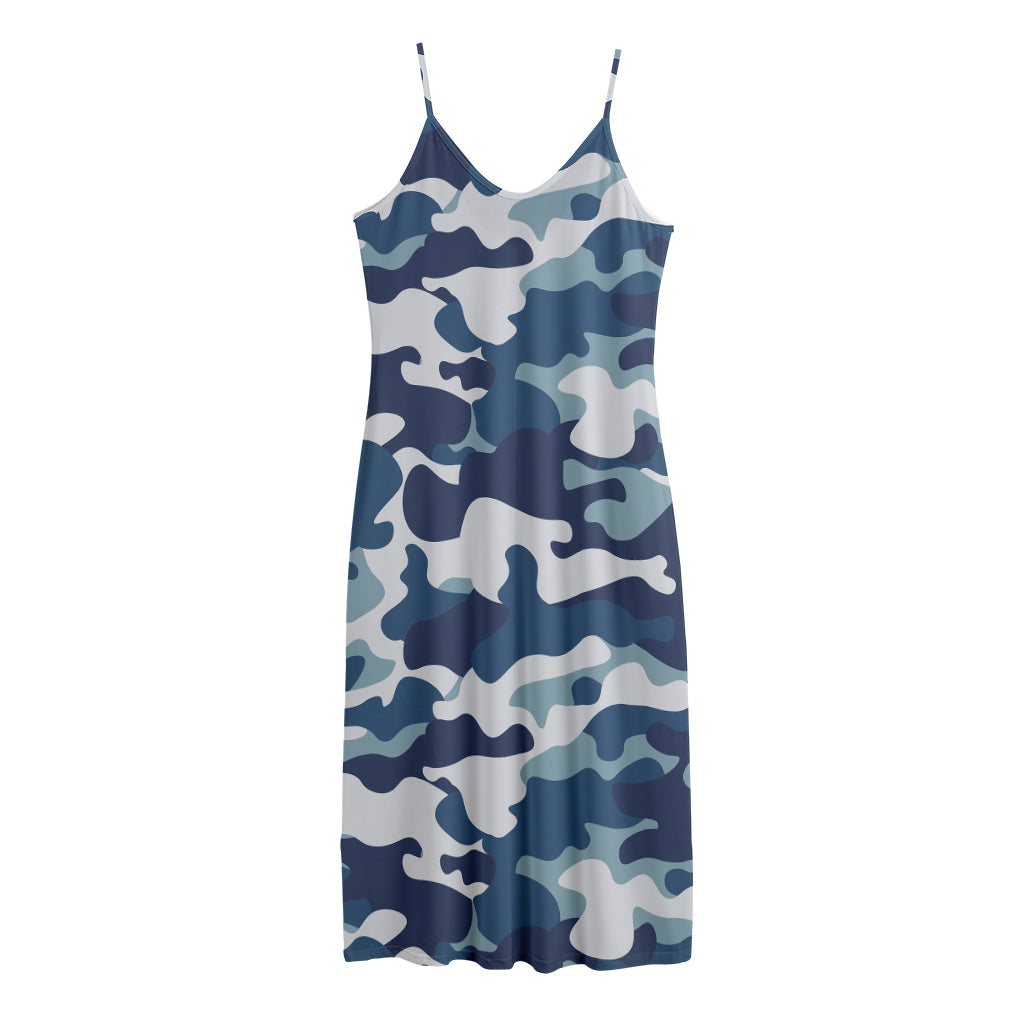 Blue And White Camouflage Print Jersey Midi Cami Dress