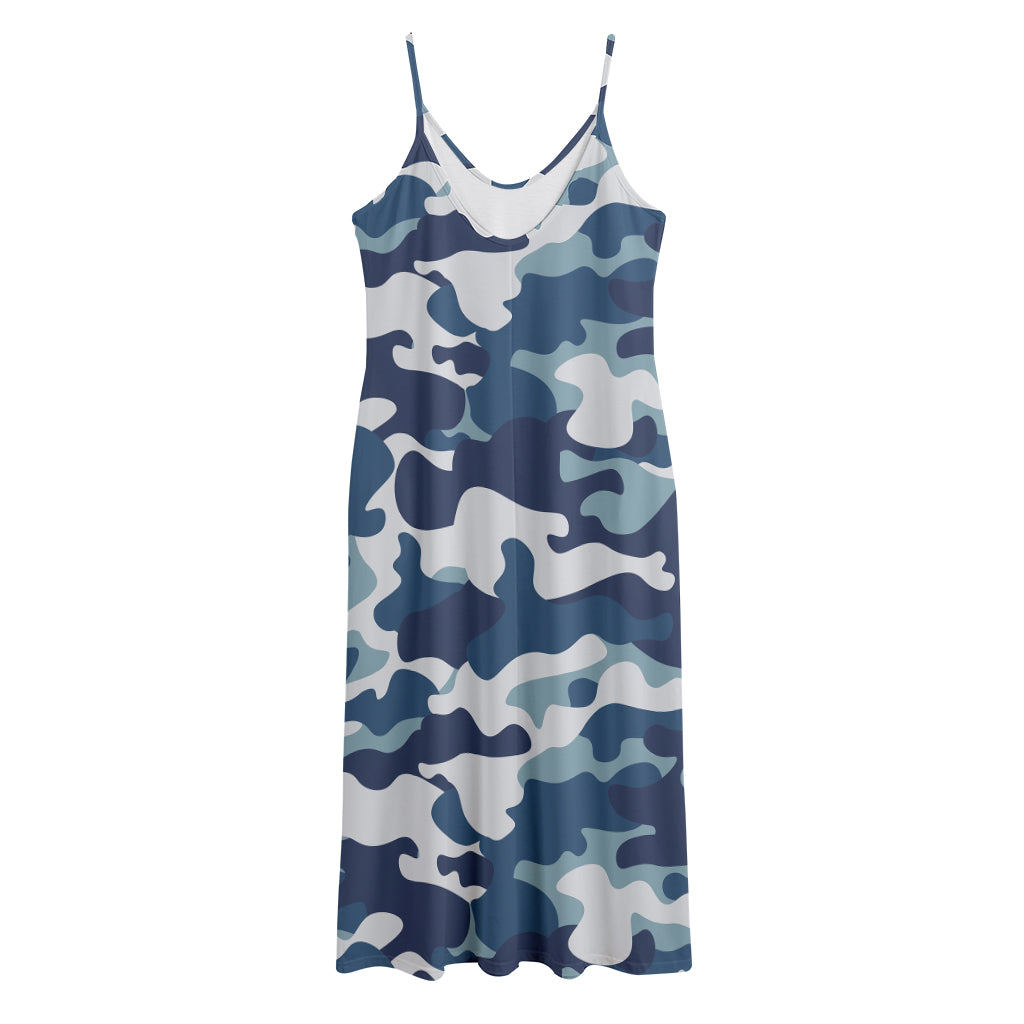 Blue And White Camouflage Print Jersey Midi Cami Dress