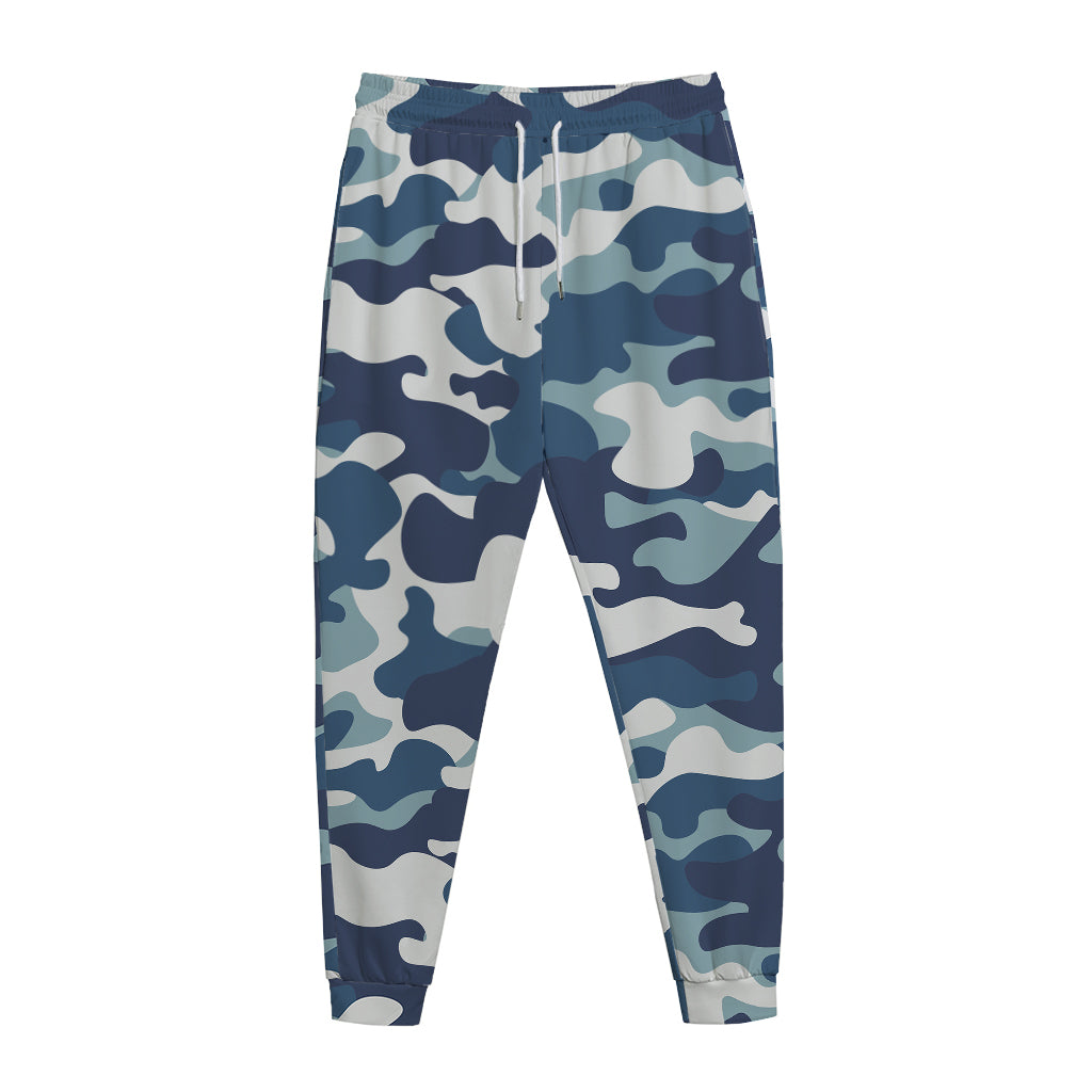 Blue And White Camouflage Print Jogger Pants
