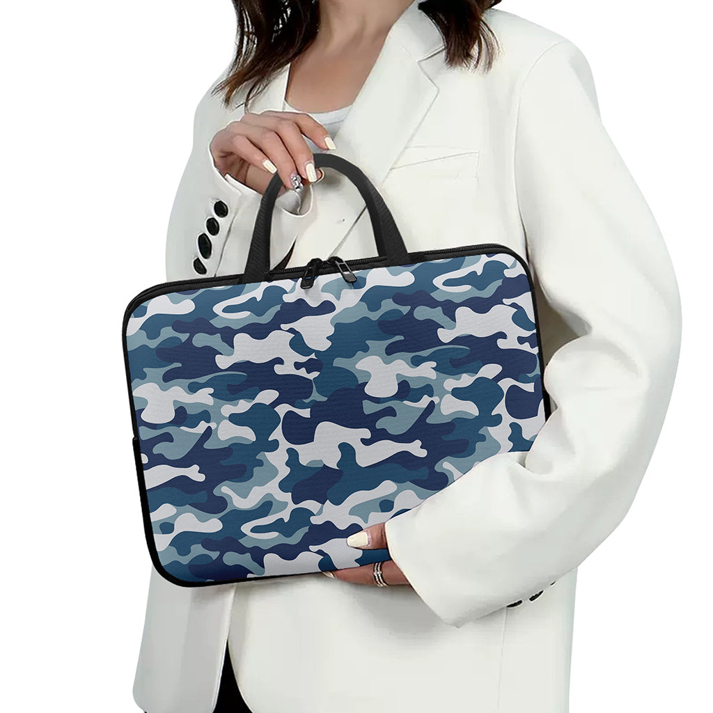 Blue And White Camouflage Print Laptop Sleeve With Handle