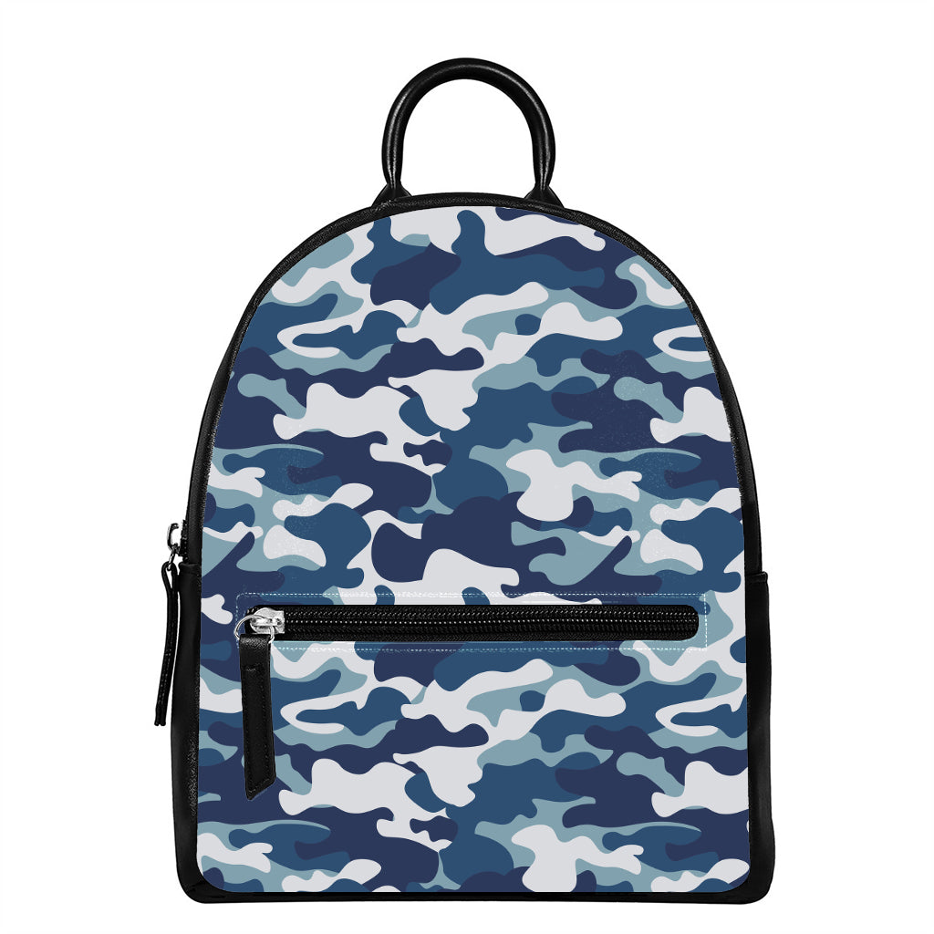 Blue And White Camouflage Print Leather Backpack