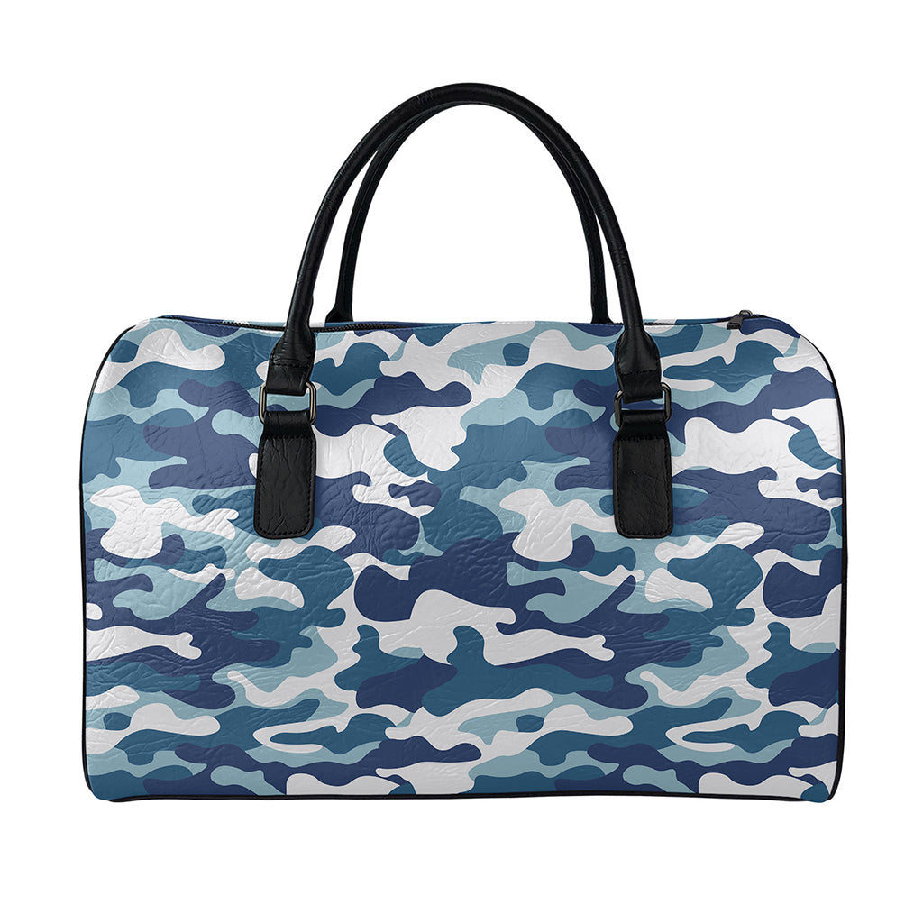 Blue And White Camouflage Print Leather Duffle Bag