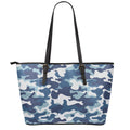 Blue And White Camouflage Print Leather Tote Bag With Zipper