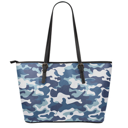 Blue And White Camouflage Print Leather Tote Bag