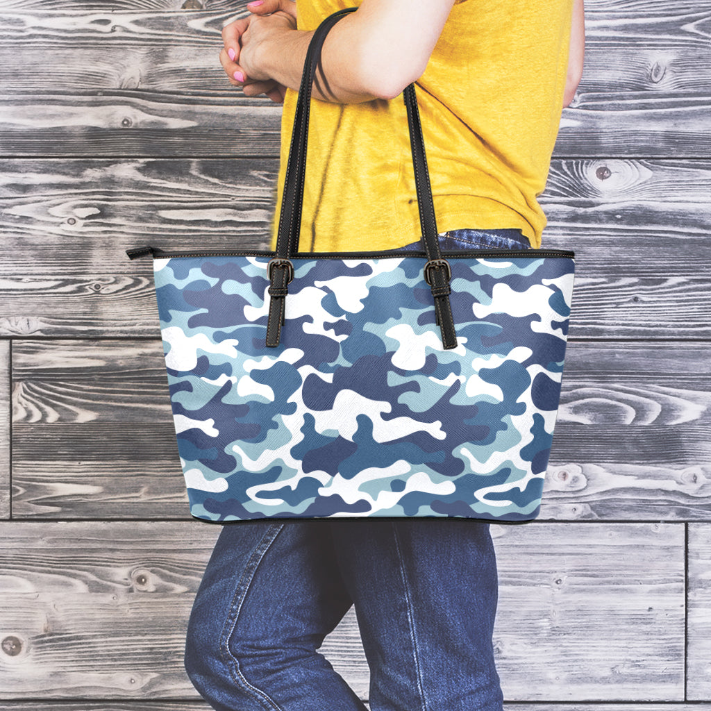Blue And White Camouflage Print Leather Tote Bag