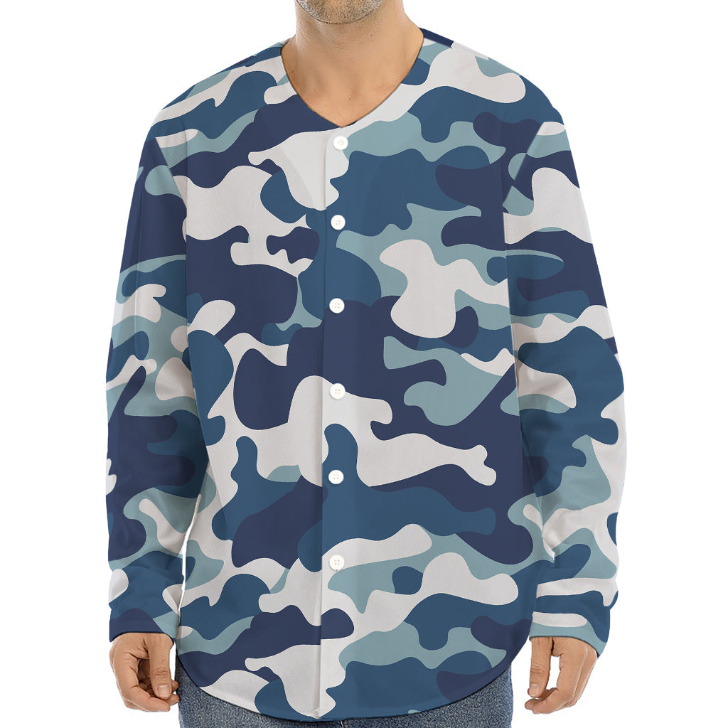 Blue And White Camouflage Print Long Sleeve Baseball Jersey
