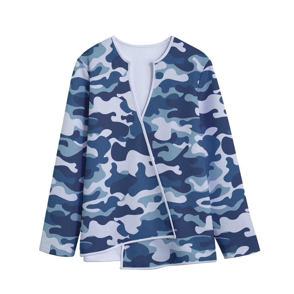 Blue And White Camouflage Print Long Sleeve Short Coat