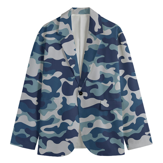 Blue And White Camouflage Print Men's Blazer